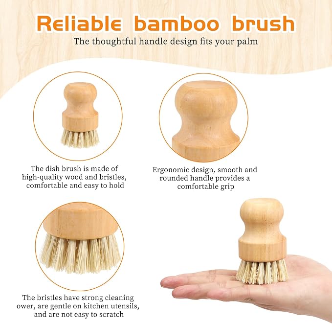 12 Packs Bamboo Dish Scrub Brushes, Wok Brush, Wooden Scrubbers Set Bamboo - Image 3