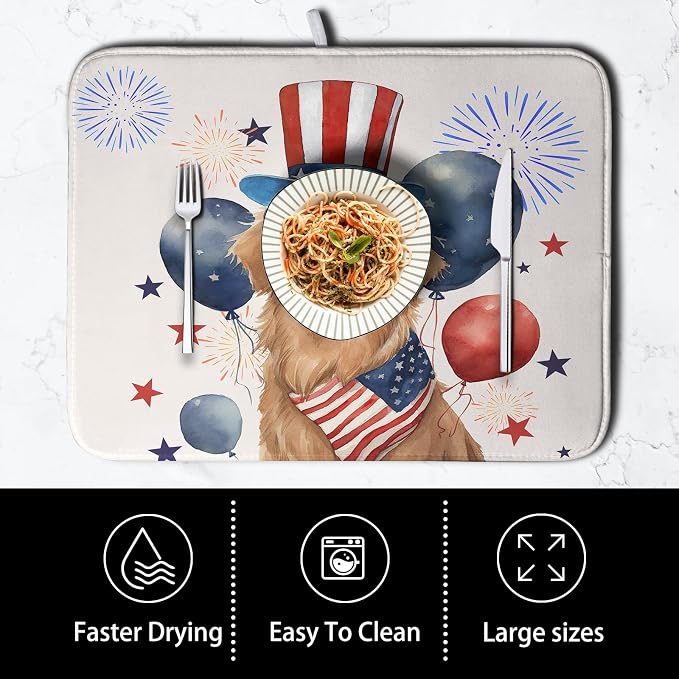 4th of July Patriotic Dog Dish Drying Mat 16 x 18 Inch US Independence Day Blue - Image 4