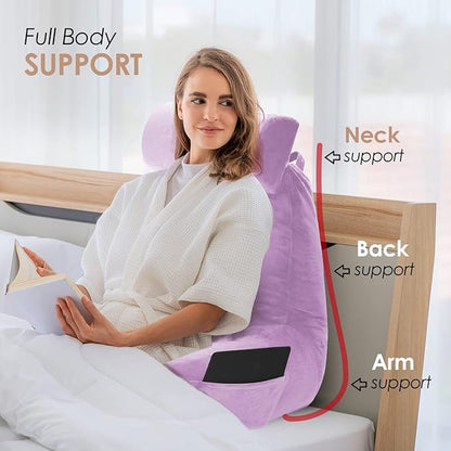 Nestl Reading Pillow with Shredded Memory Foam Includes 2 Neck and Lumber Support Pillows, Designed for Sitting Up in Bed and Couch, Back and Arms Adjustable Support for Adult & Teens, Lavender