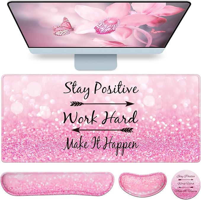 Mousepad Pink, Mouse Pad with Wrist Rest, 4-in-1 Large Mousepad+Keyboard Wrist by QOMOLAMA