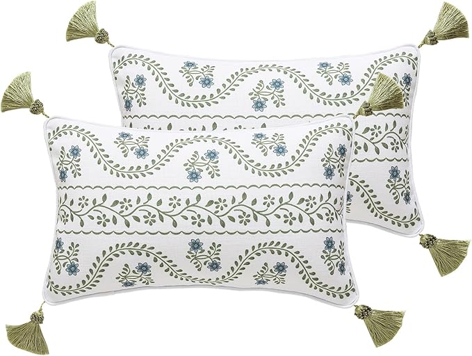 ISAENNE Design Fresh Linen Rectangular Throw Pillow Covers 12"x20" Pack of 2, French White Cottage Cushion Covers with Green Branches Pattern Decoration Pillowcases for Bed,Living Room,Outdoor,Car
