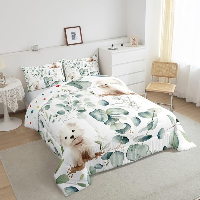 Erosebridal Cute Dog Full Size Comforter Set for Kids Child Green Eucalyptus Bedding Set, Pet Animal Down Comforter Botanical Plant Leaves Bed Set, Cartoon Pug Puppy Quilted Duvet