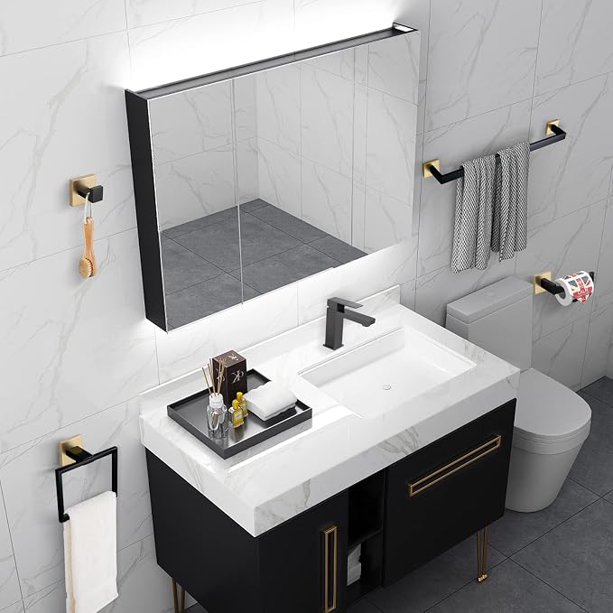 Bathroom Towel Bar Holder Sets Black and Gold 4-Piece Bathroom Hardware Set - Image 7