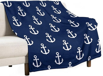 Anchor Blanket Vintage Rustic Ocean Nautical Style Navy Blue White Soft Cozy Lightweight Throw Blanket for Kids Girls Boys Women Men Bedroom Living Room Dorm Chair Sofa Travel 50x60in