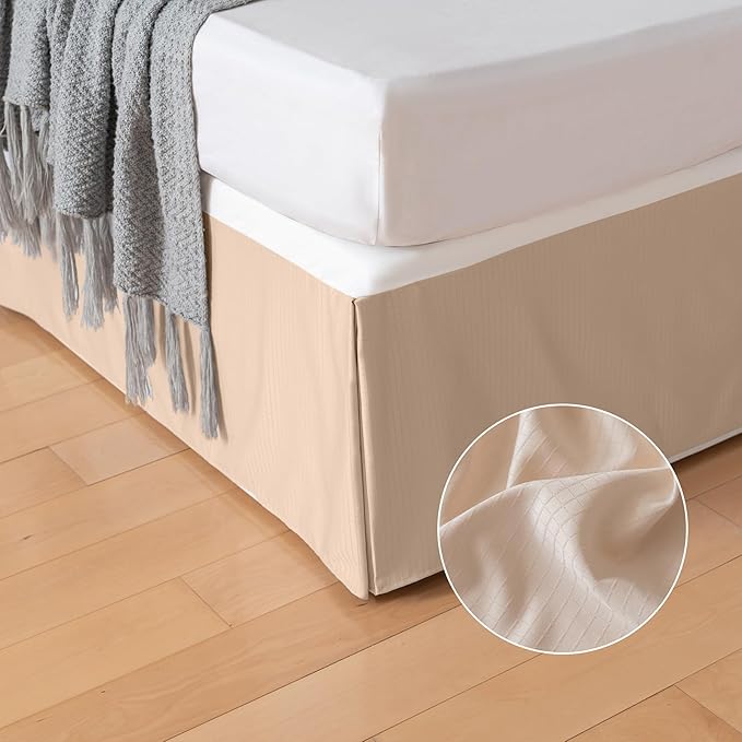 Full Bed Skirt, Grid Plaid Soft Quadruple Pleated Ruffle Bed Skirt, Tailored Dust Ruffle 14 Inch Drop Easy Fit, Machine Washable (Beige)