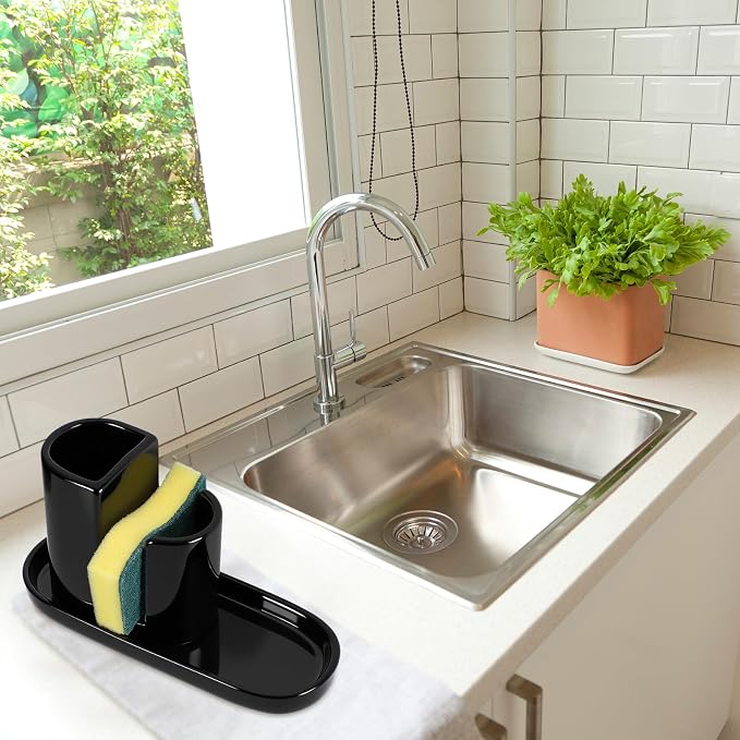 Geelin 3 in 1 Ceramic Kitchen Sink Caddy Dish Sponge Holder Scrub Brush Holder - Image 7