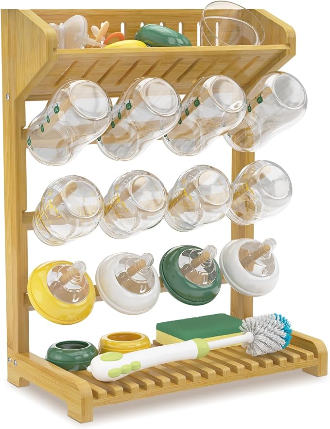 EsLuker.ly Baby Bottle Drying Rack Bamboo Vertical Dryer Holder, Space Saving by EsLukerly