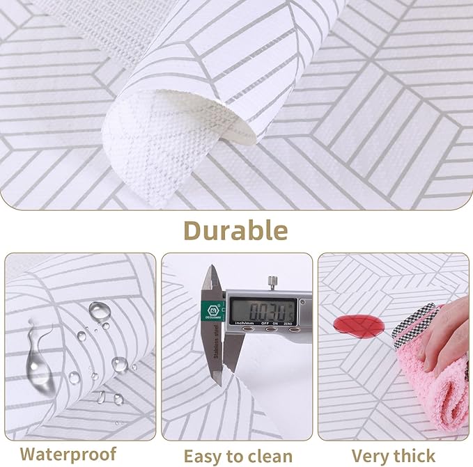 Shelf Liners for Kitchen Cabinets 12in x 10FT, Non Adhesive Cabinet Liner Strong Non-Slip Thickened Silver Geometric Easy to Clean for Shelf, Cabinet, Refrigerator with Knife and Tape Measure