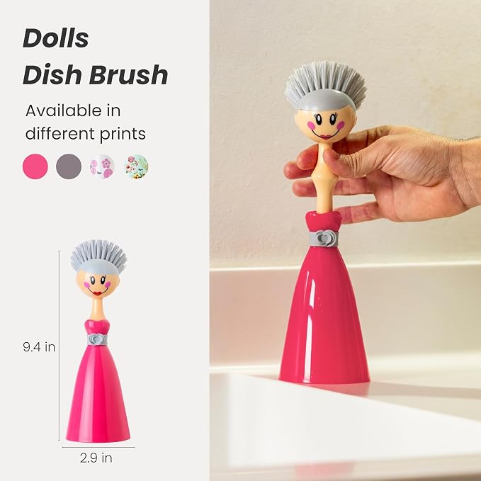Vigar Dolls Dish Brush with Ergonomic Handle and Dress-Shaped Brush Holder - Image 2