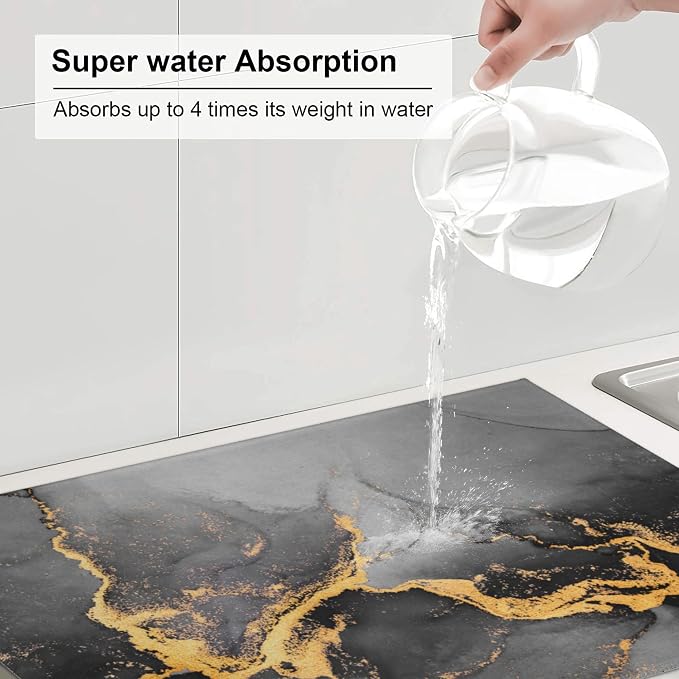 Black Gray Gold Marble Kitchen Drying Mat Abstract Modern Microfiber Dish - Image 4