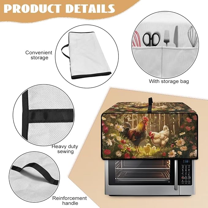 Air Fryer Toaster Oven Dust Cover with Side Pockets, Protective Countertop Microwave Oven Cover for Home Indoor Decor, S, 14.5 x 18.5 x 9 Inches, Rooster Chicken Daisy Print