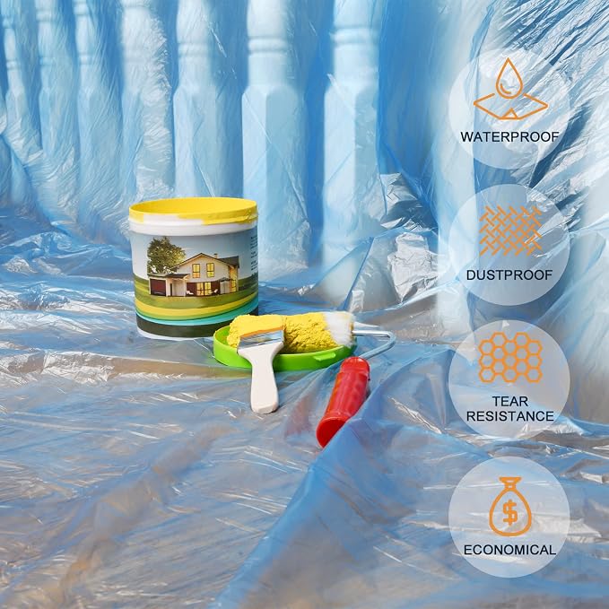 10 Piece Blue Painter Plastic Drop Cloths Sheet, Waterproof Anti-dust Furniture - Image 3