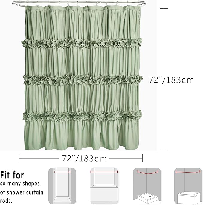 Sage Ruffle Shower Curtain, Vintage Handcrafted Bow Tie Bath Curtain - Image 6