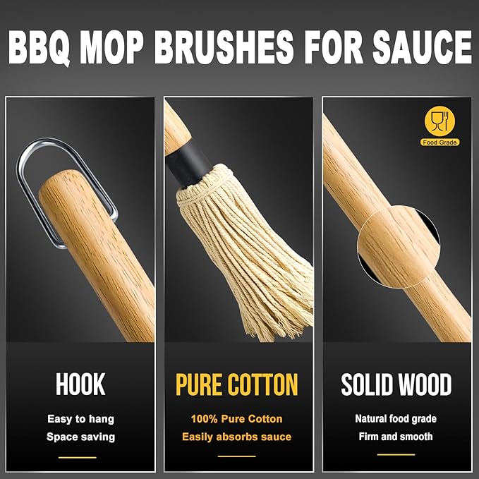 Walfos BBQ Mop Brushes for Sauce, Grilling Basting Mop Wooden Long Handle - Image 4