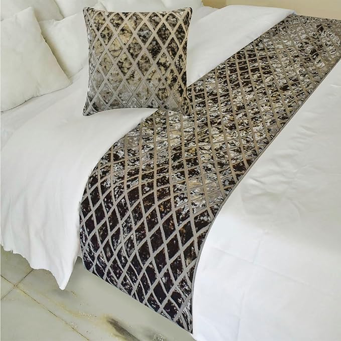 The HomeCentric King/Queen/Twin Grey Decorative Bed Runner Twin 53"x18" Bed Runner with Two Pillow Cover, Diamond Pattern, Velvet Cut Bed Scarf on Velvet Fabric - Grey Velvet Verve