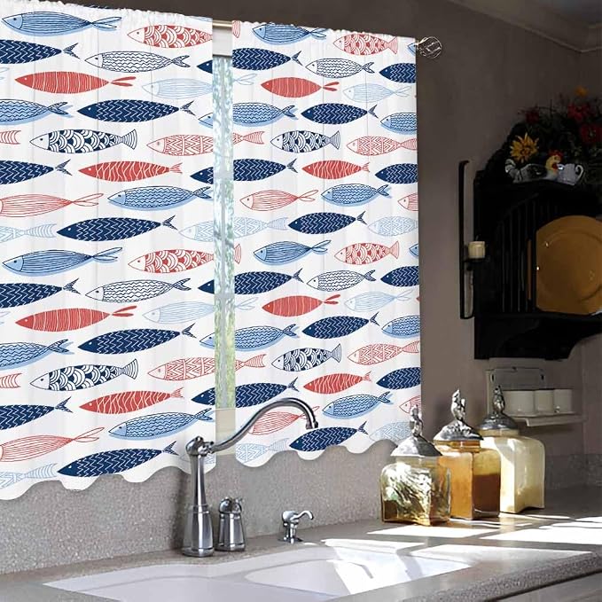 Fish Kitchen Curtains Abstract Colored Fashion Blue Red Pink Striped Wildlife - Image 4