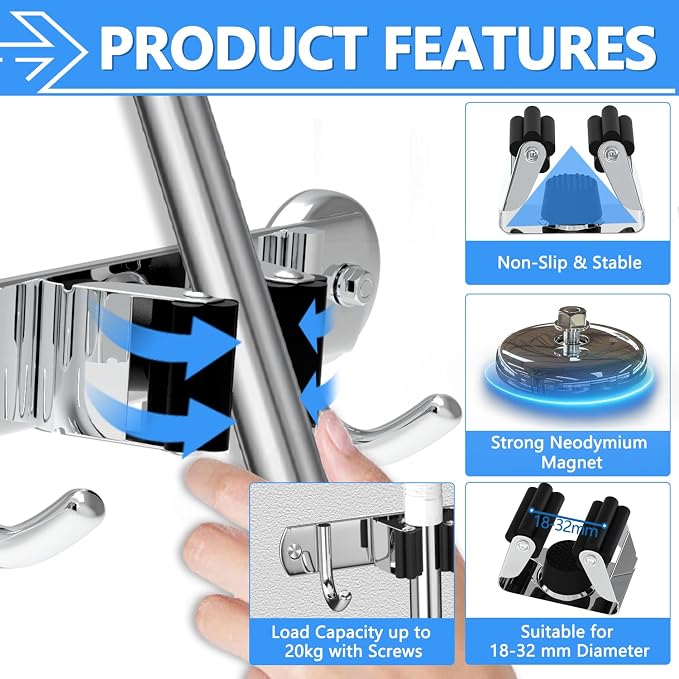 3-H Magnetic Broom Holder Wall Mount 1 Pack, 2-in-1 Dual Mount, 304 Stainless - Image 5
