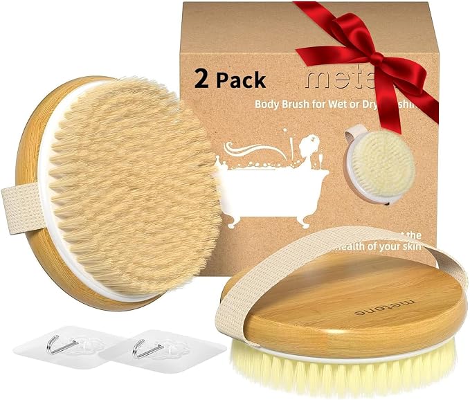 Metene 2 Pack Bamboo Dry Body Brushes, Shower Brush Wet and Dry Brushing by Metene