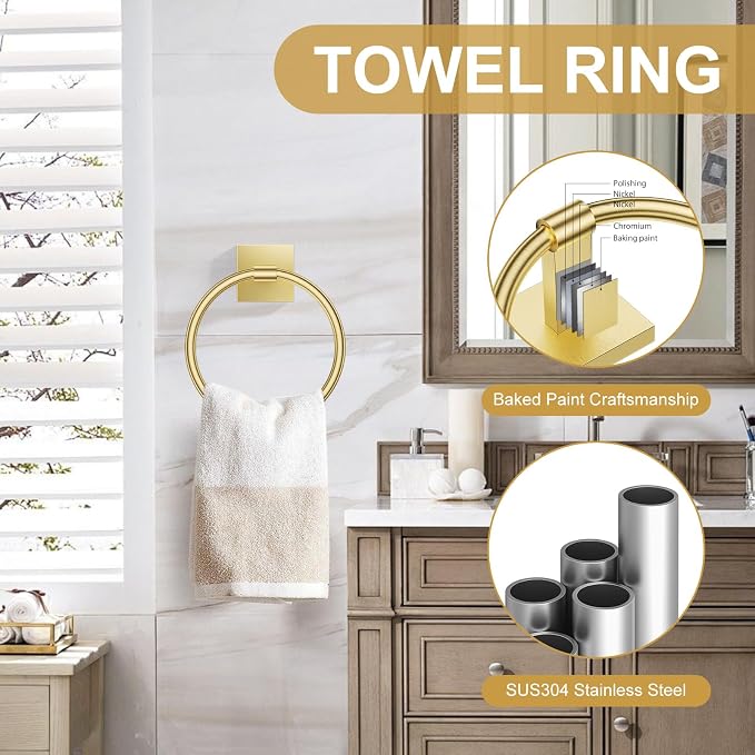 Brushed Gold Bathroom Hardware Towel Bar Set, 5 Pieces Double Dase Toilet Paper - Image 3