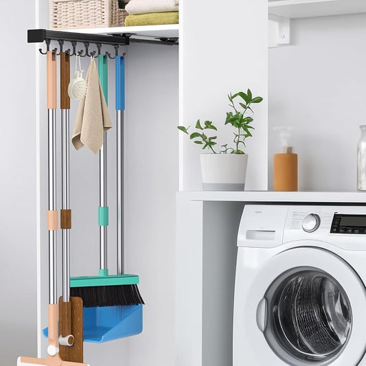Pull Out Broom Holder With Adjustable Double Row Sliding Hook, by PrimZootyDesign