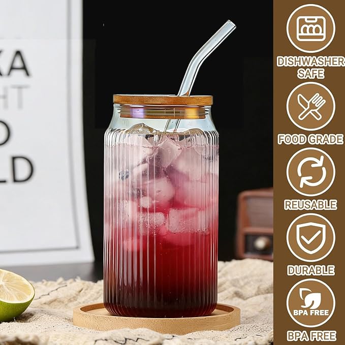 2 PCS Glass cups with Lids and Straws, 16 OZ Iced Coffee Cups, Ribbed Glass - Image 5