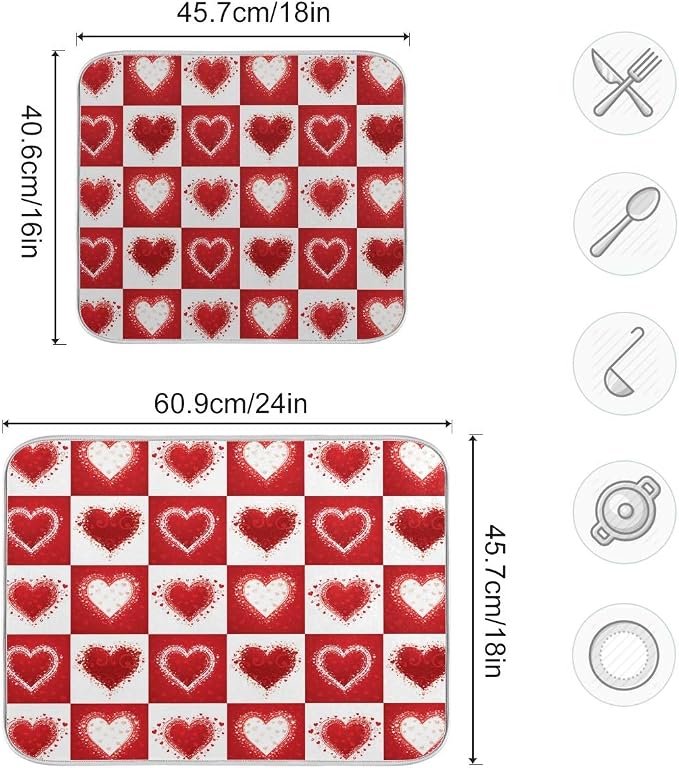 Valentine's Day Love Heart Red Buffalo Plaid Dish Drying Mat 18x24 - Image 3