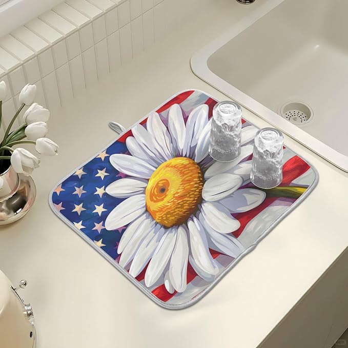 Daisy Flowers and American Flag Dish Drying Mat - Image 7