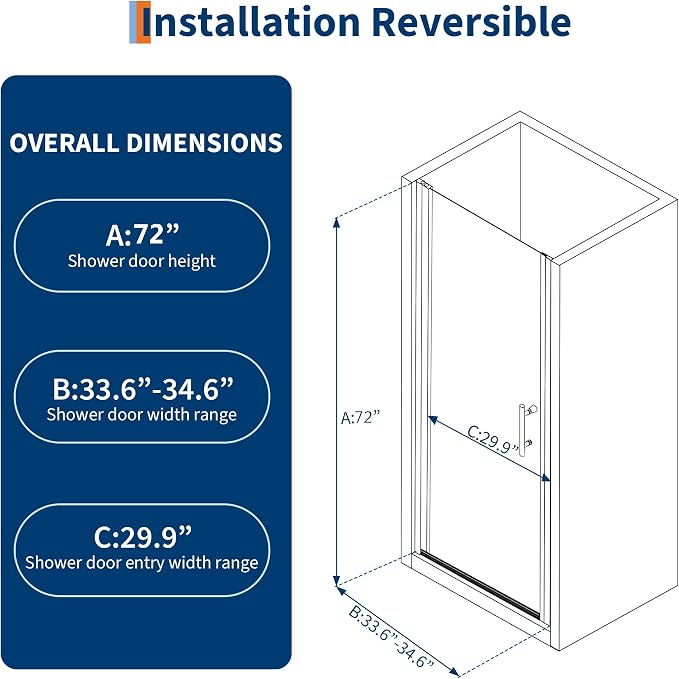 Frameless Hinged Shower Door, Adjustable 33.6"-34.6" W x 72" H Single Swing - Image 2