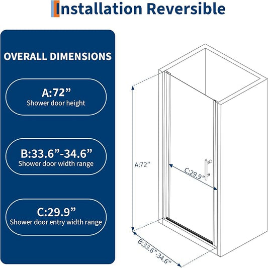 Frameless Hinged Shower Door, Adjustable 33.6"-34.6" W x 72" H Single Swing - Image 2