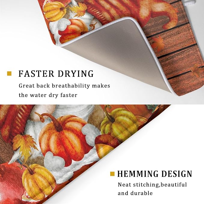Fall Gnome Dish Drying Mat for Kitchen Counter, Autumn Pumpkin Maple Leaves - Image 3