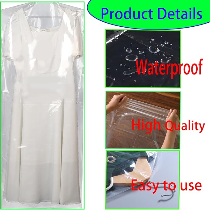 15 Pack Plastic Clear Clothes Covers, Dry Cleaners Bags Hanging Clothing Covers - Image 5