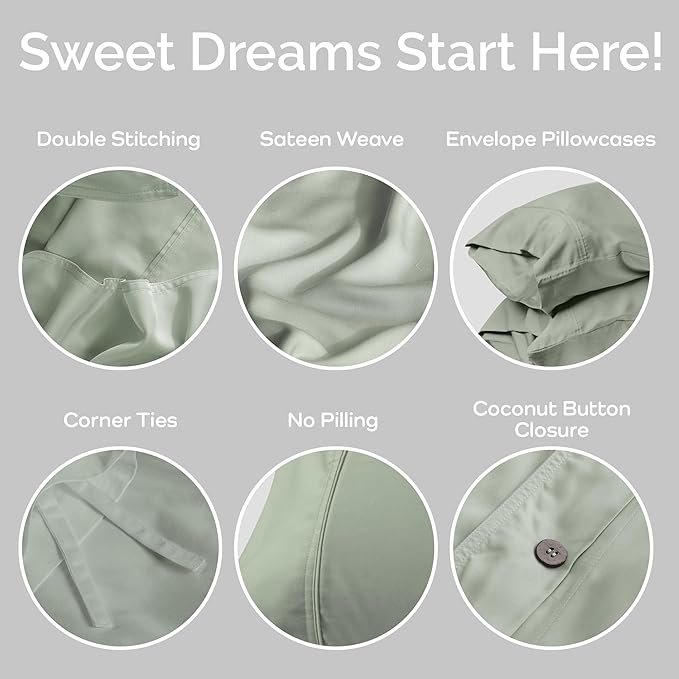 Duvet Cover Set - 100% Viscose Derived from Bamboo Duvet Cover Queen Size, 3 PC Luxury Cooling Duvet Cover for Hot Sleepers, Buttery Soft Comforter Cover & 2 PC Queen Pillowcases, Sage