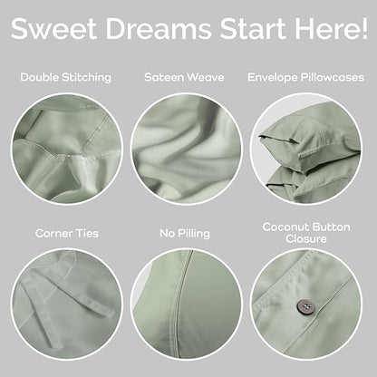 Duvet Cover Set - 100% Viscose Derived from Bamboo Duvet Cover Queen Size, 3 PC Luxury Cooling Duvet Cover for Hot Sleepers, Buttery Soft Comforter Cover & 2 PC Queen Pillowcases, Sage