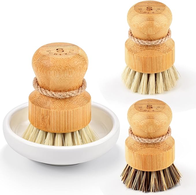 SUBEKYU Bamboo Dish Scrub Brushes, Kitchen Wooden Cleaning Scrubbers Set by SUBEKYU