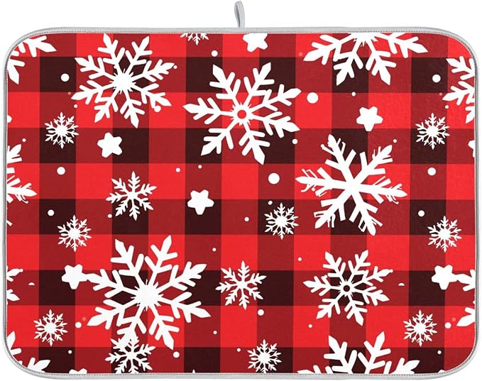 Snowflakes Christmas Checkered Plaid Dish Drying Mat by BOENLE-WELCOMEYOURCOMING