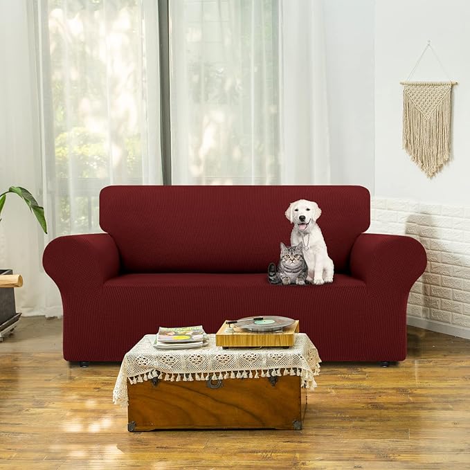 LURKA Stretch Loveseat Sofa Slipcovers 1 Piece Couch Covers for Sofa Furniture Protector Full Sofa Covers with Elastic Bottom for Kids and Dog (Medium,Dark Red)