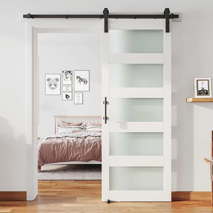 34'' x 84'' Glass Barn Door and 6 Ft Hardware Kit Included, MDF White Barn Door by ALAMEDADT