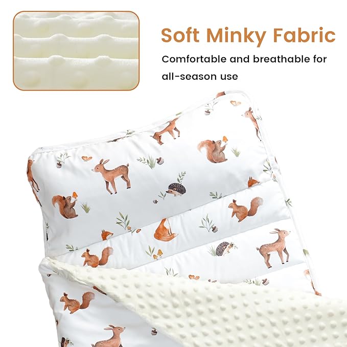 david's kids Toddler Nap Mat with Pillow and Minky Fleece Blanket, Ultra Soft Slumber Bags for Kids, Perfect for Preschool, Daycare, Kids Sleeping Bags with Rollup Design, 50"x20", Woodland Animals