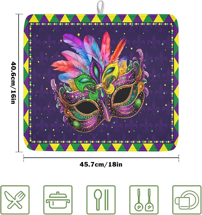 Mardi Gras Dish Drying Mat for Kitchen Counter Masquerade Mask Feather Dishes - Image 2