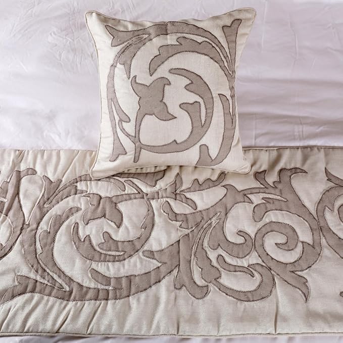 The HomeCentric Decorative Ivory & Beige Full 68 x 18 inch Bed Runner with Matching Pillow Cover, Linen Lurex Applique Bed Scarf, Abstract Modern - Pretty Dainty
