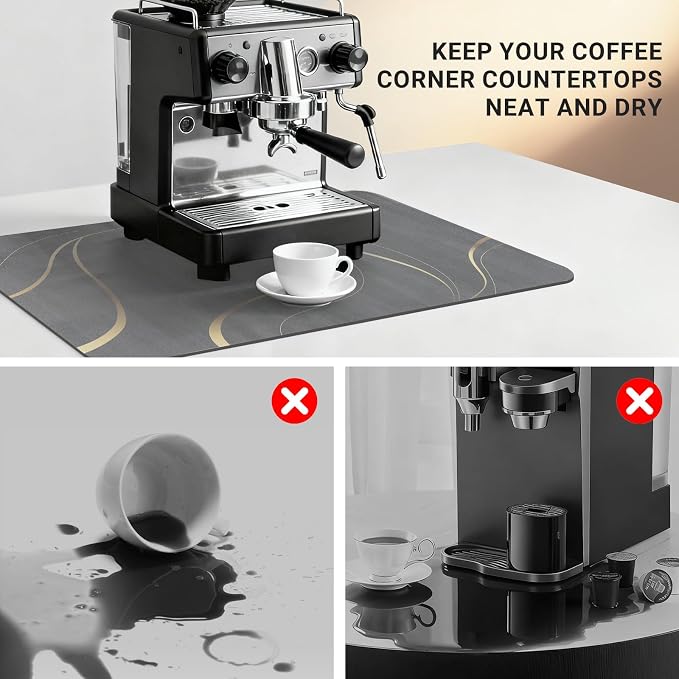 Coffee Bar Mat 20x12 Inch, Light Gray Streamline, Absorbent Hide Stain Rubber - Image 5