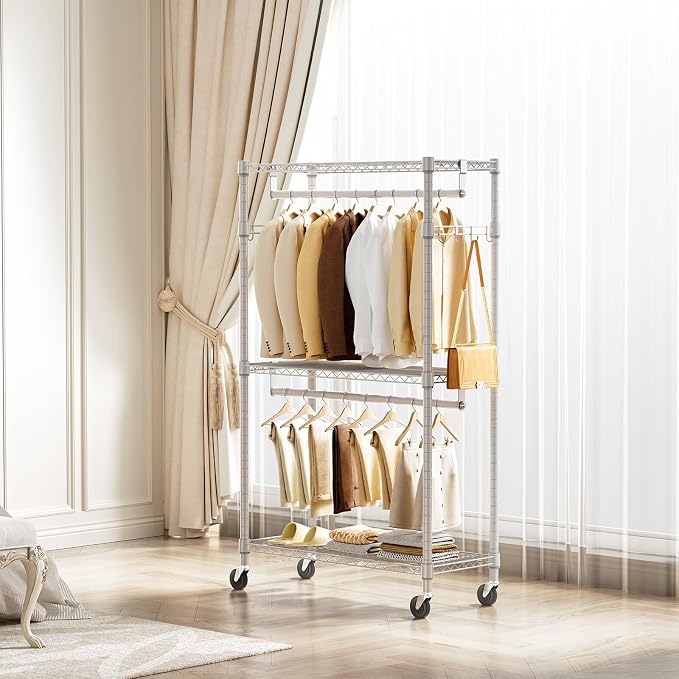 Heavy Duty Rolling Garment Rack 3 Tiers Adjustable Wire Shelving Clothes Rack - Image 3