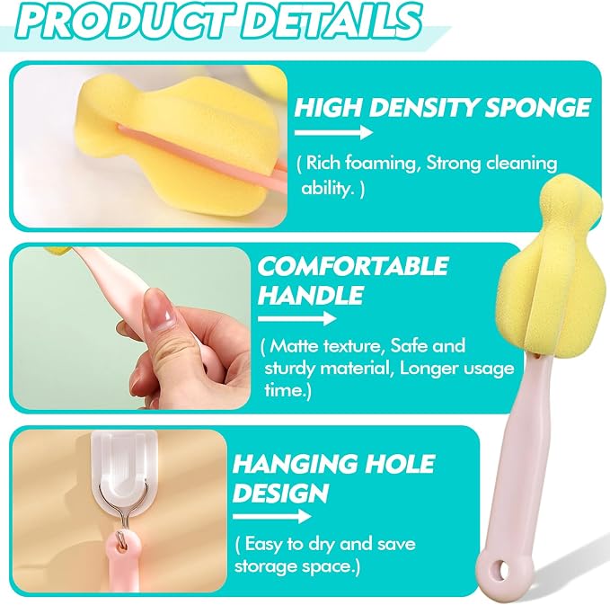 Sponge Bottle Brush 12 PCS Sponge Nipple Brushes Baby Bottle Nipple Cleaning - Image 4