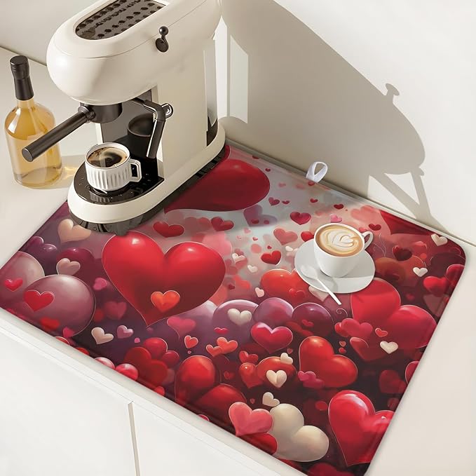 Valentines Day Dish Drying Mat for Kitchen Counter 24x18 Inch Red Heart Drying - Image 6