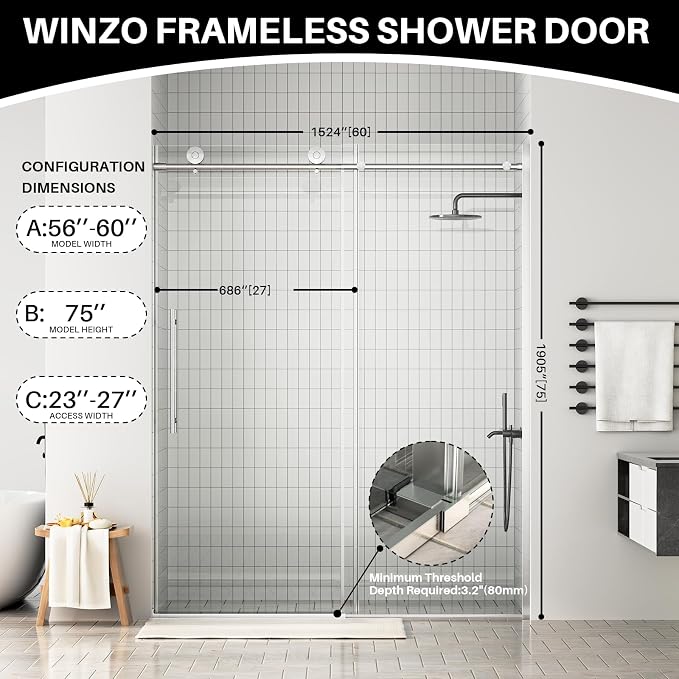 WinZo Frameless Shower Door 56-60 in W x 75 in H, Sliding Shower Door - Image 8