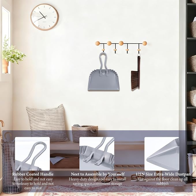 2pcs Metal Dustpan and Brush Set, 12In Extra Large Handheld Dust Pan and Wood - Image 3