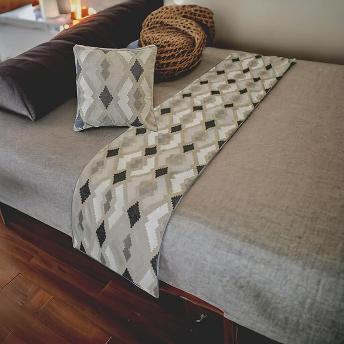 The HomeCentric King/Queen/Twin Beige Decorative Bed Runner Twin 53"x18" Bed Runner Without Pillow Cover, Embroidery,Aztec Bed Scarf on Linen Fabric - Thread Tale