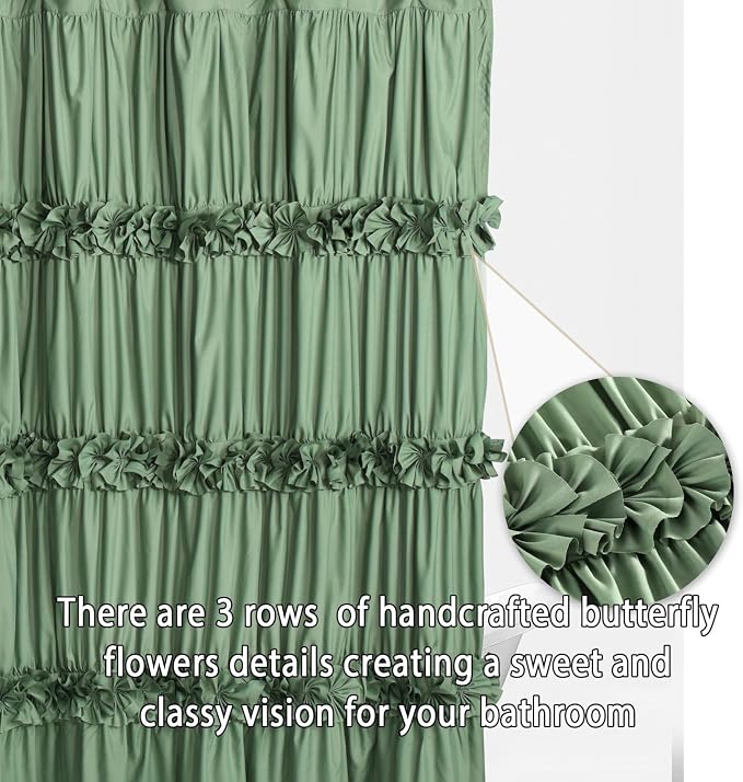 Light Green Ruffle Shower Curtain, Vintage Handcrafted Bow Tie Bath Curtain - Image 2
