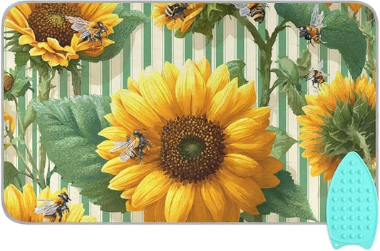 Green Striped Sunflowers and Bees Ironing Mat by Tatenale