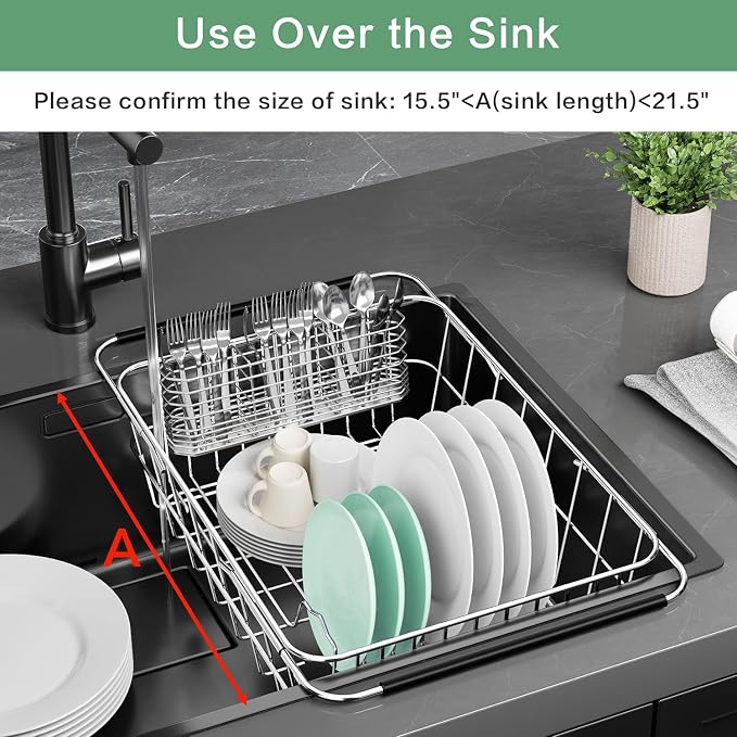 Large Dish Drainer Rack in Sink Adjustable, Expandable 304 Stainless Steel - Image 3